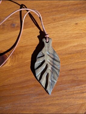 Hand-Carved Wooden Leaf Pendant Necklace - Brown